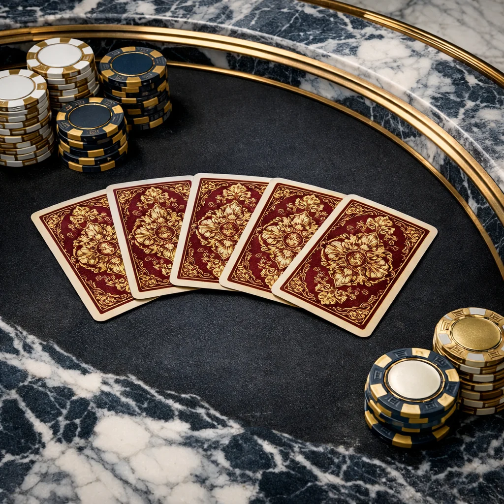 Elegant uitgewaaierde speelkaarten op donkere tafel